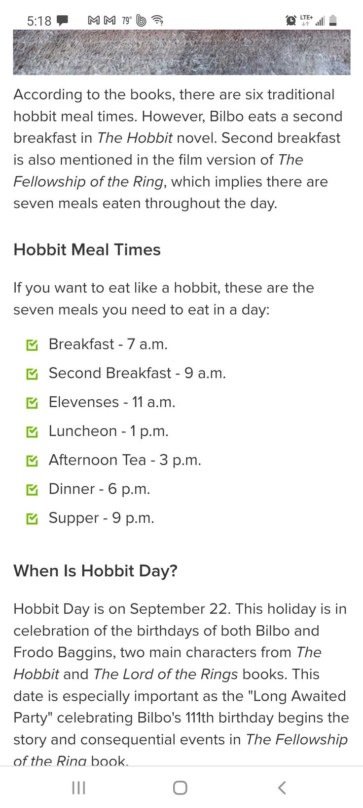 an email message with the text hobbit meal times