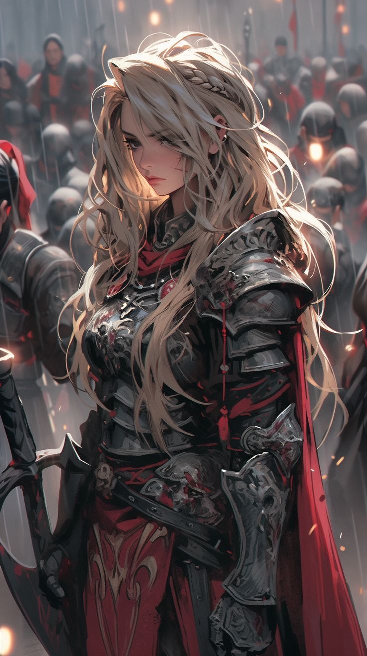 a woman with long blonde hair standing in front of a group of people wearing armor