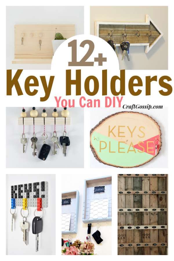 some key holders are hanging on the wall and there is a sign that says, 12 key holders you can diy