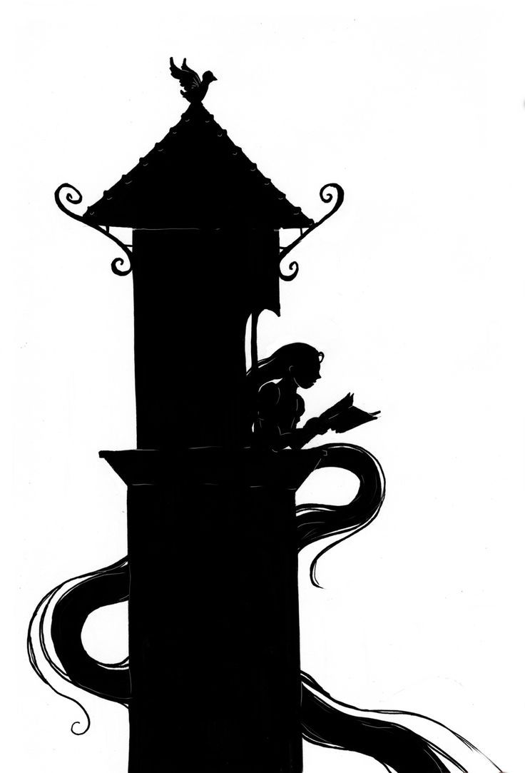 a black and white drawing of a woman sitting on top of a tower