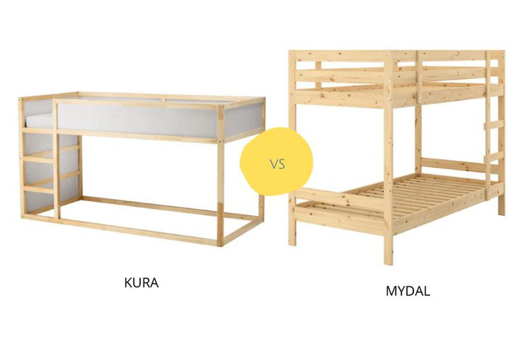 two bunk beds side by side, one with a yellow circle and the other with a white mattress