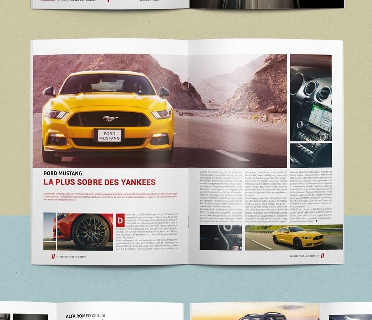 an open magazine with pictures of cars on the front and back pages, in three different colors