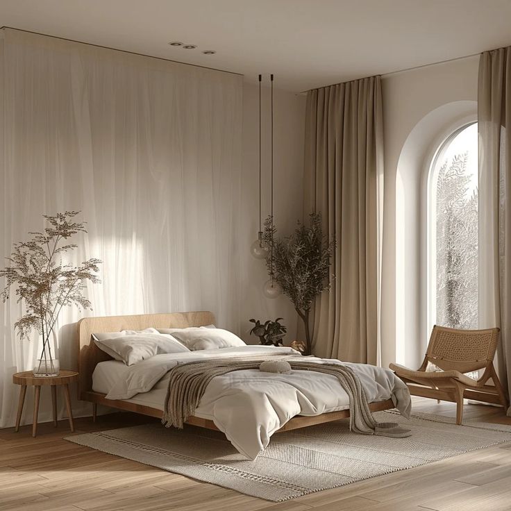 a bedroom with a large bed and two chairs in it next to a tall window