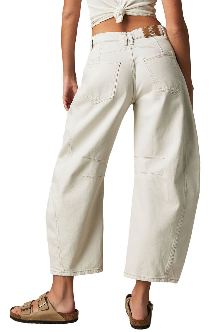 Structured barrel legs lend retro shape to nonstretch jeans fashioned with slash-like seams and a miilky white wash. 25 1/2" inseam; 20" leg opening; 12" front rise; 14 1/2" back rise (size 29) Zip fly with button closure Five-pocket style 100% cotton Dry clean or machine wash, tumble dry Made in Turkey White Barrel Jeans Outfit, Barrel Jeans Outfit, Jeans Pants Outfit, Barrel Pants, Barrel Leg Jeans, Mum Style, Barrel Jeans, Boho Jeans, Mum Fashion