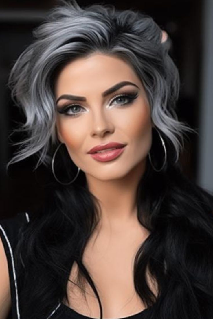 Highlights On Jet Black Hair, Trendy Brunette Hair, Hair Colors For Summer, Dark Grey Hair Color, Dark Silver Hair, Charcoal Hair, Gray Blending, Black And Grey Hair, Dark Grey Hair