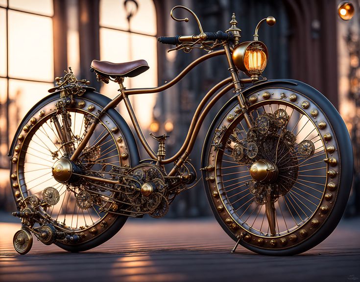 an old fashioned bicycle is parked in front of a building with large windows and lights