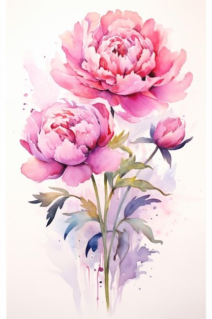 two pink peonies on a white background with watercolor splashing around them