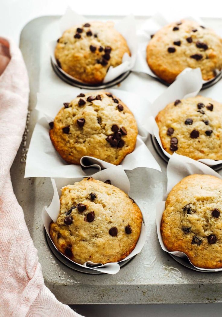 muffins with chocolate chips sitting on a baking sheet