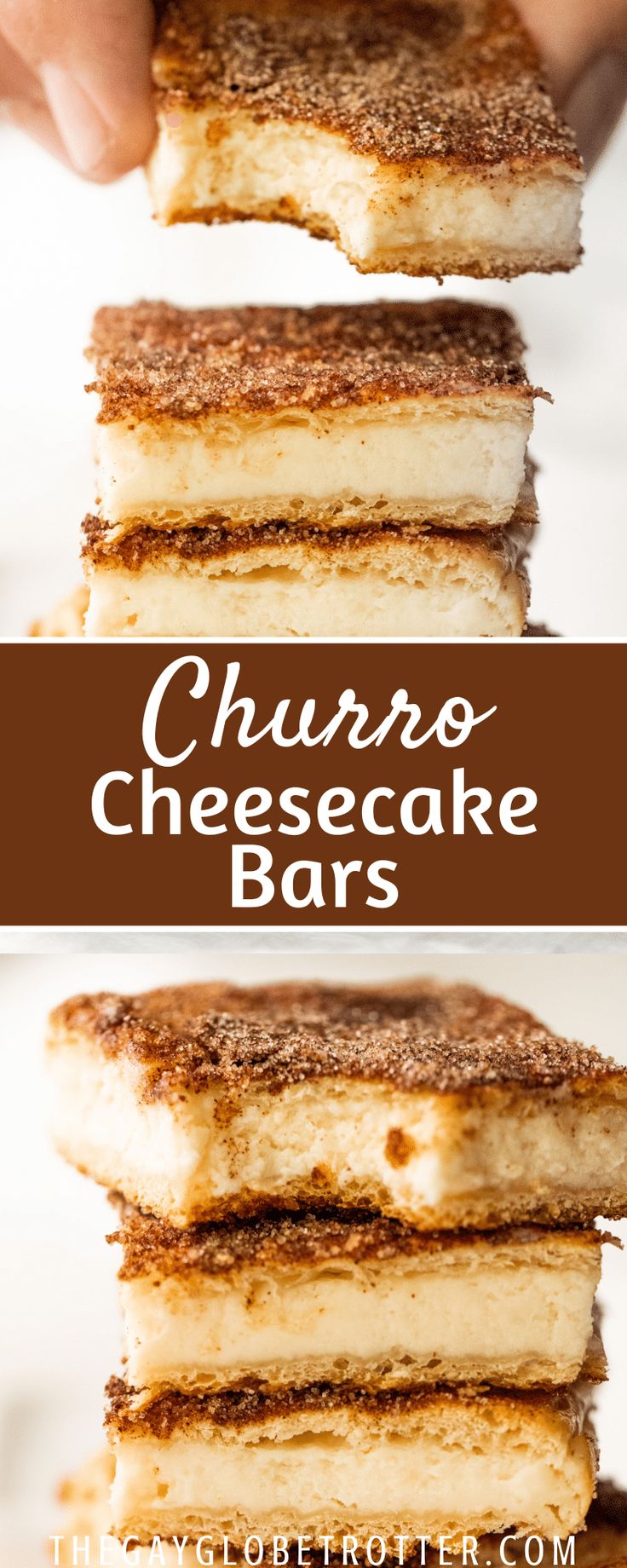 three different views of cheesecake bars stacked on top of each other with the words, churro cheesecake bars