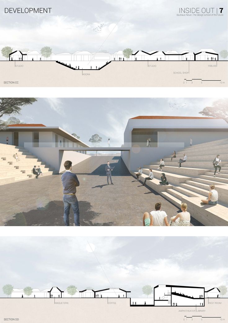 three different views of people walking and sitting in front of an auditorium with steps leading up to the roof