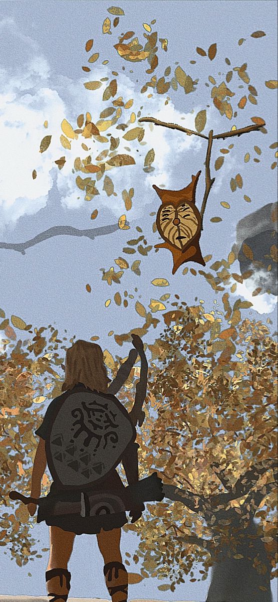 a person standing under a tree with leaves falling from the branches and an owl flying overhead