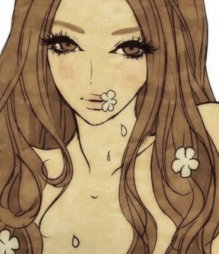 a drawing of a woman with long brown hair and flowers on her nose, has teary eyes