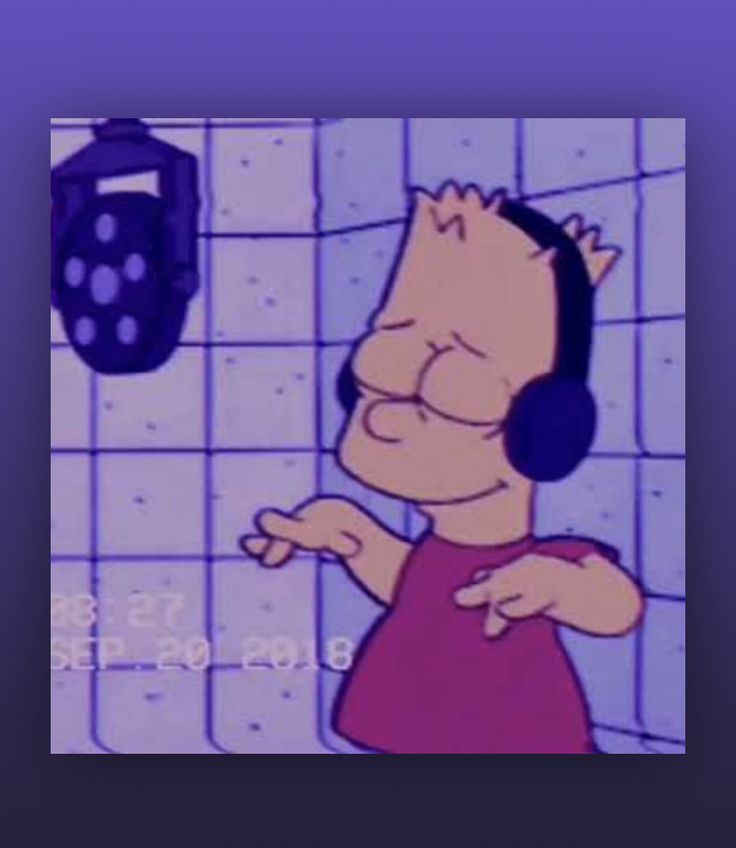 a cartoon character wearing headphones in front of a tiled wall with a hand dryer hanging on it