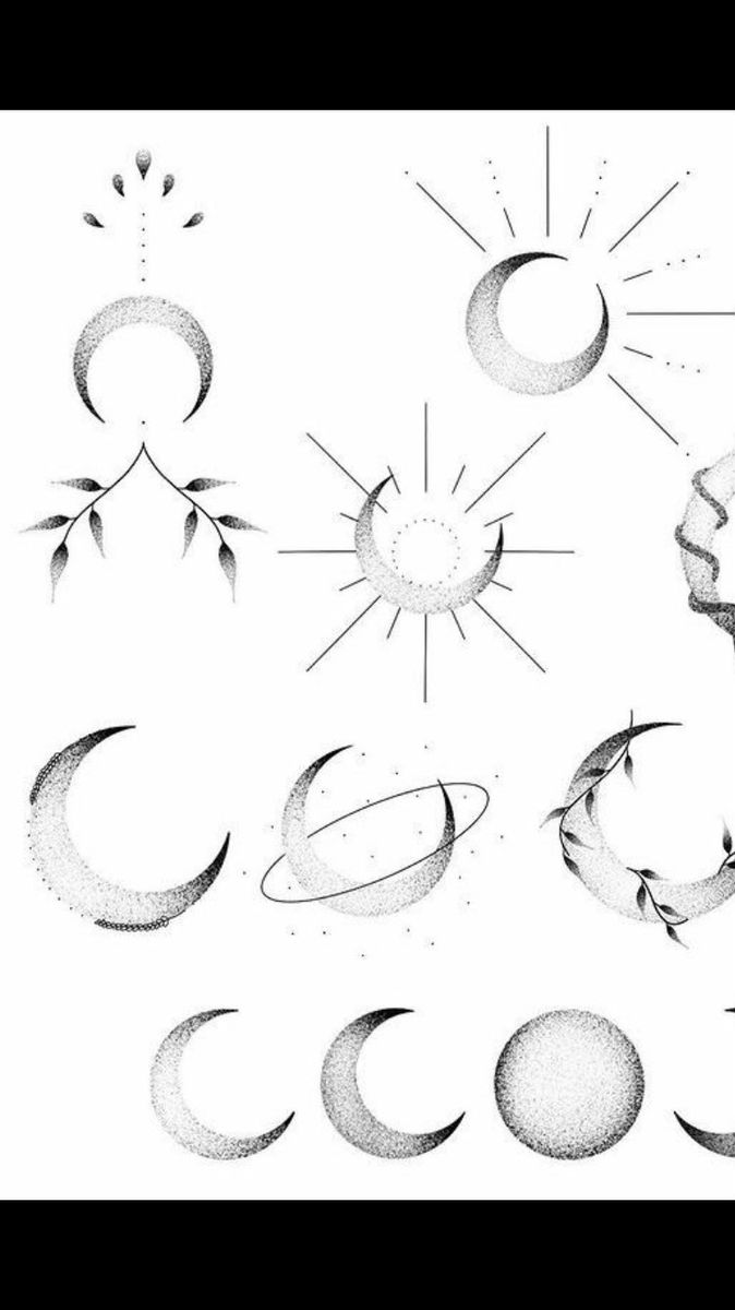 the phases of the moon and stars in black and white, drawn with pencil on paper