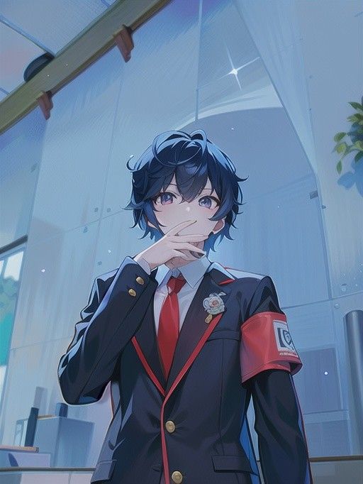 an anime man in uniform standing next to a window with his hand on his face