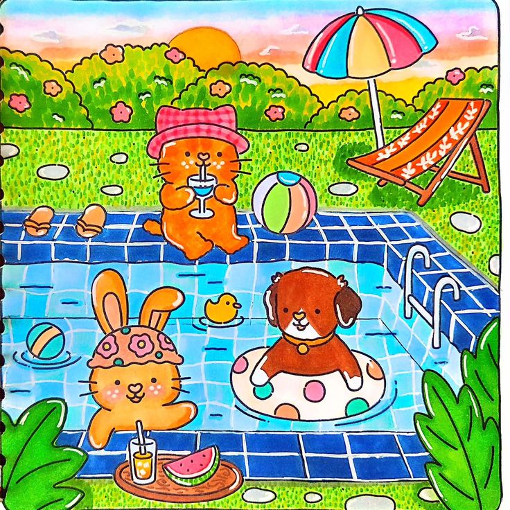 this is an image of children playing in the pool with their dogs and cats on a sunny day