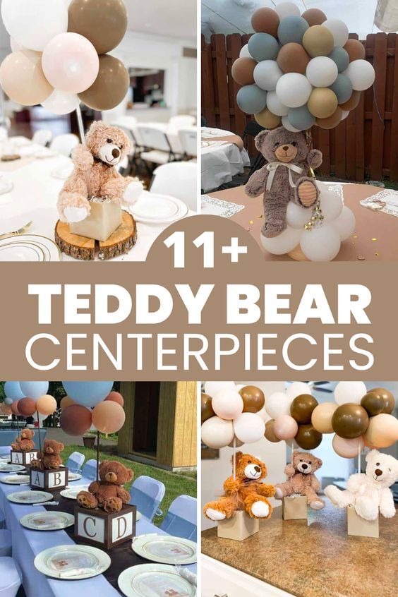 teddy bear centerpieces are displayed on tables