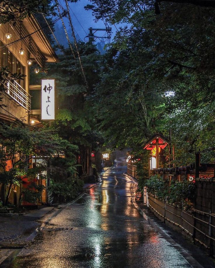 people walking down the street in the rain at night with umbrellas and lights on