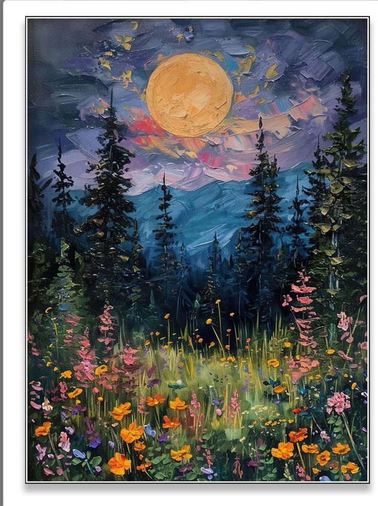 a painting of flowers and trees with the moon in the sky above them, painted on canvas