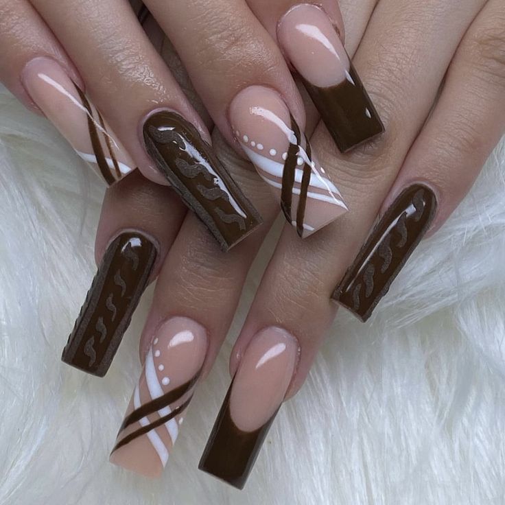 Square Fall Nail Ideas, Coffin Sweater Nails, Fall Nail Designs Acrylic Square, Sweater Nails Short, Brown Sweater Nails, Flannel Nail Art, Sweater Design Nails, Sweater Nails Fall, Square Fall Nails