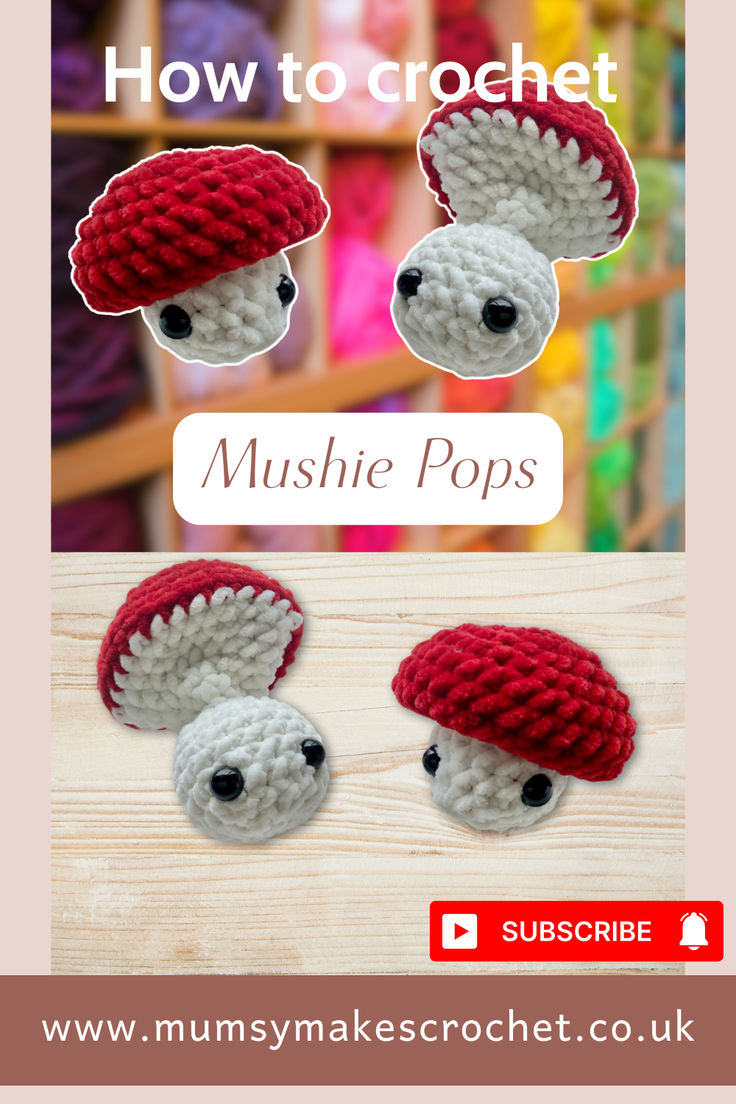 two crocheted mushrooms are shown with the words how to crochet on them