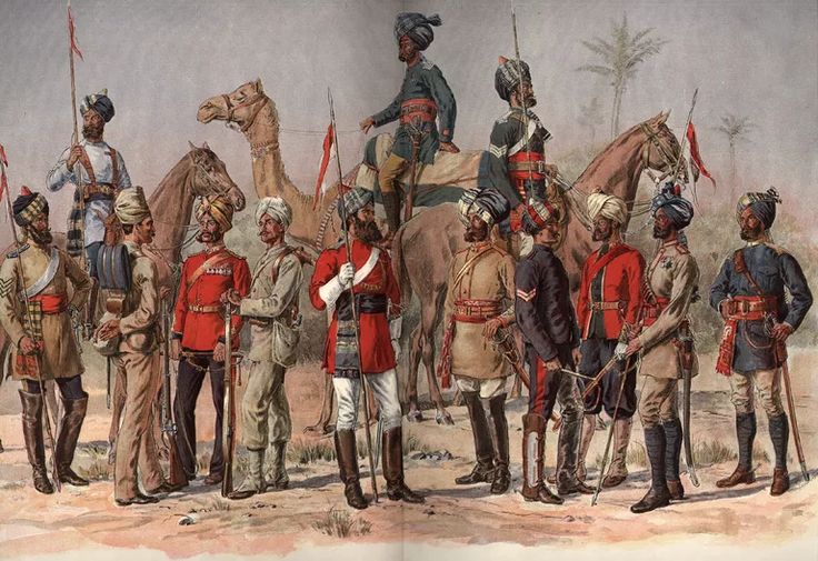 an illustration of men in uniforms standing around each other with horses and camels behind them