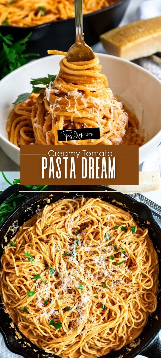 pasta in a skillet with parmesan cheese on top and the words creamy italian pasta