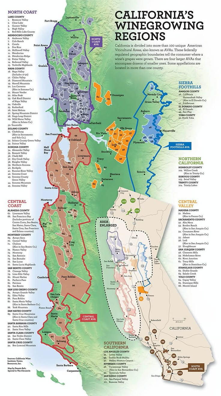 the california wine region map with its many different regions and their major wines in it