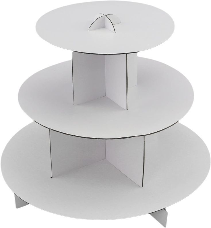 three tiered cake stand in white with an umbrella on the top and bottom shelf