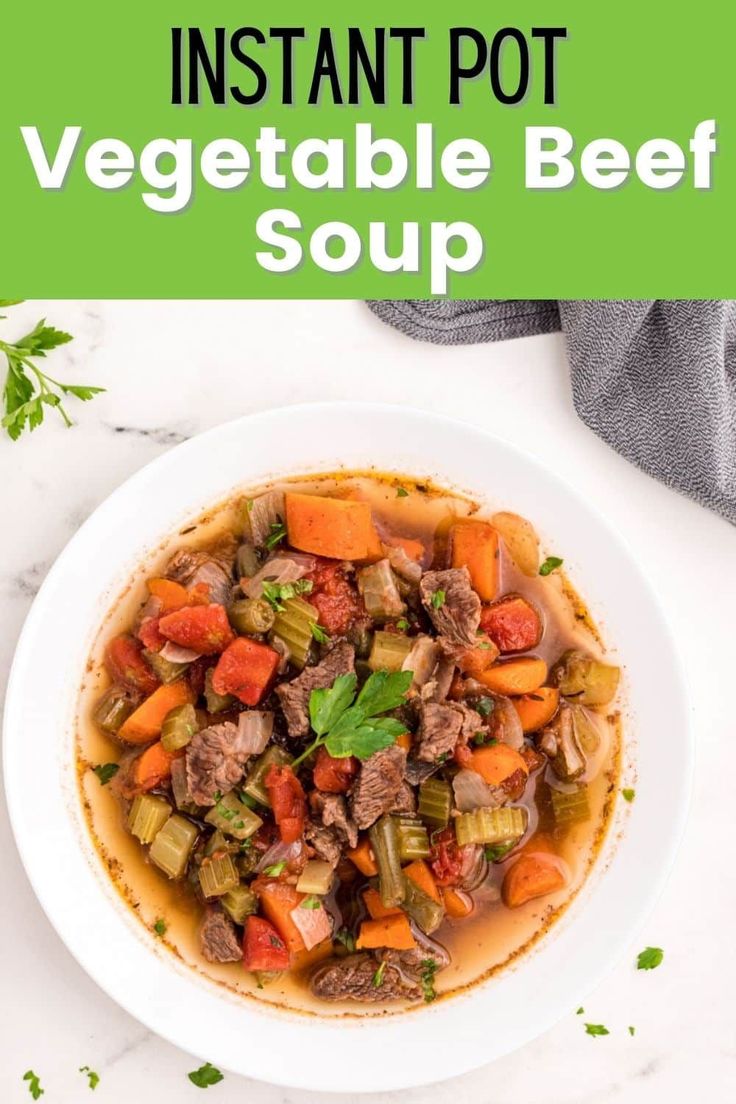 instant pot vegetable beef soup in a white bowl