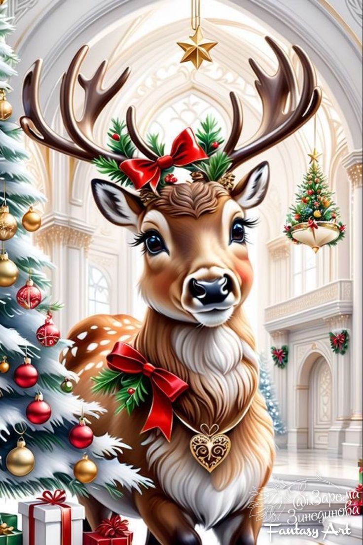 a christmas card with a deer wearing a red bow next to a decorated christmas tree