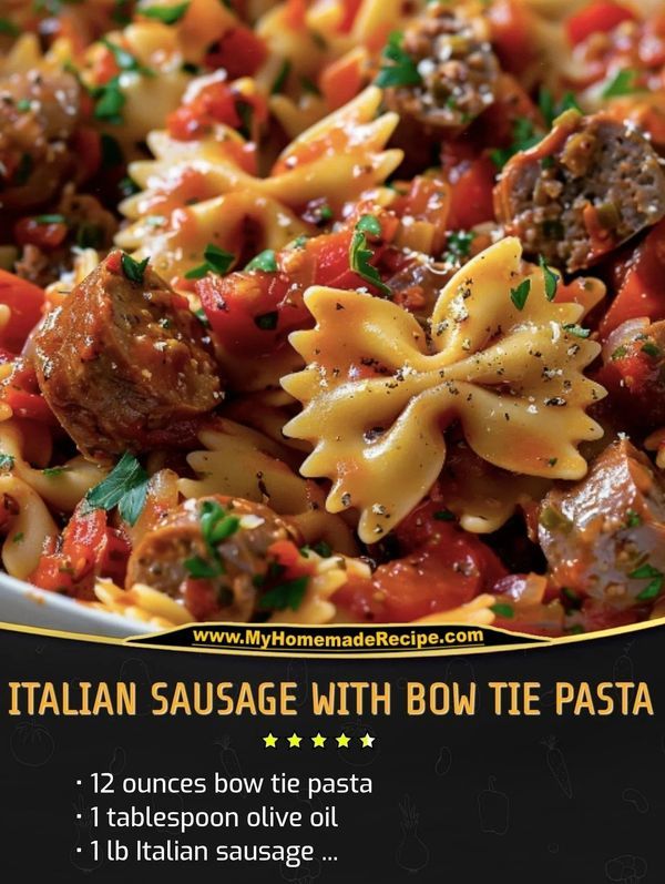 the italian sausage with bow tie pasta is ready to be eaten for lunch or dinner