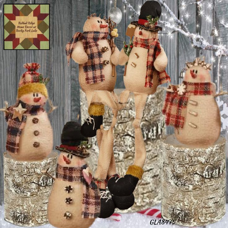 the snowmen are wearing hats and scarves