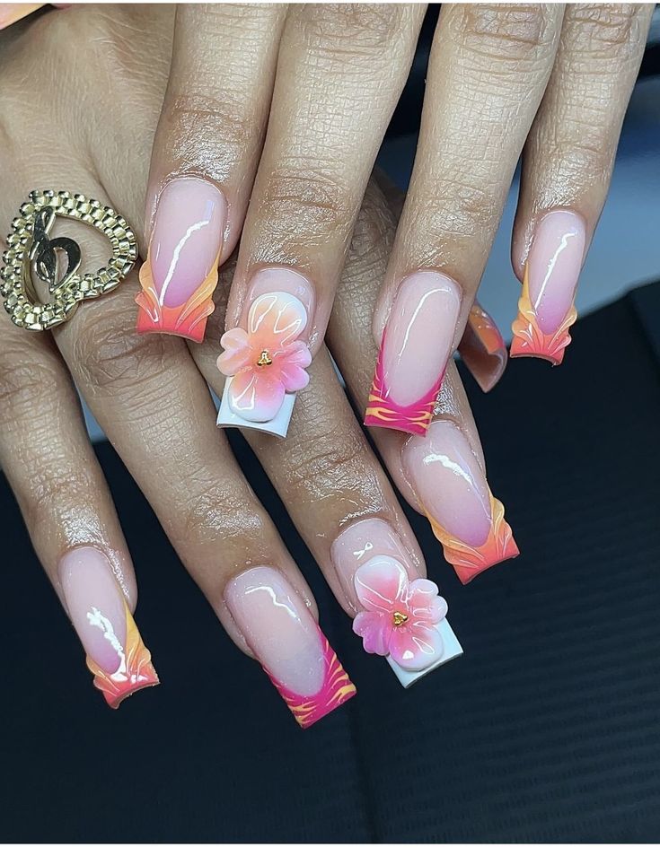 Nails For Tropical Vacation, Island Nails Tropical, Vacation Nails Beach Mexico, Moana Nails, Vacation Nails Summer, Island Nails, Sassy Nails, Hard Nails, Colored Acrylic Nails