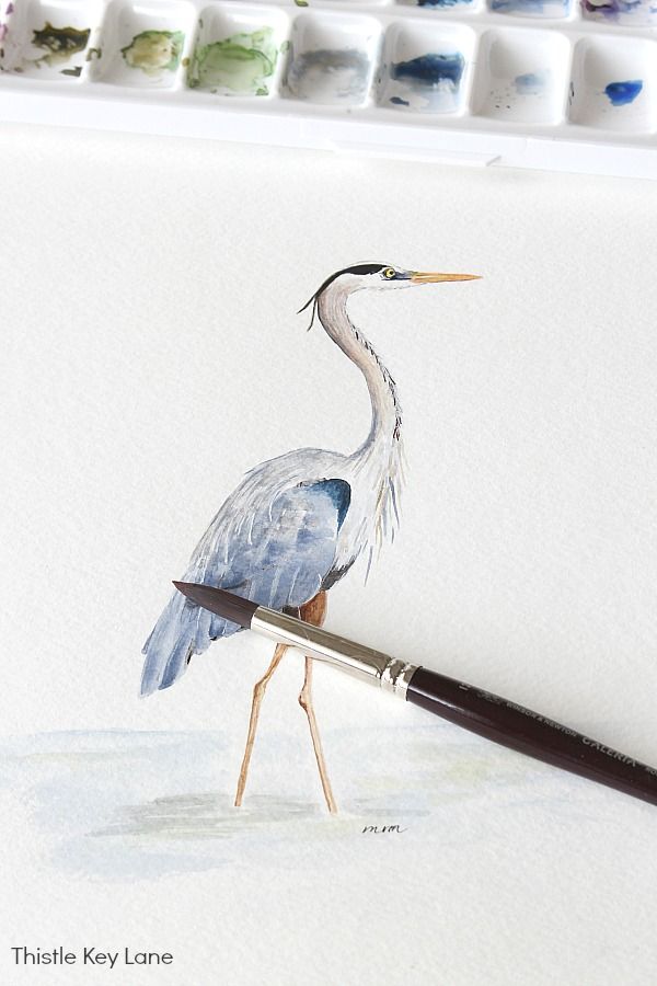 a watercolor painting of a blue heron