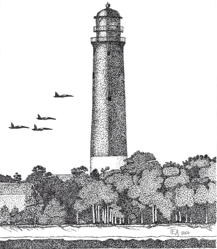 an ink drawing of a lighthouse surrounded by trees