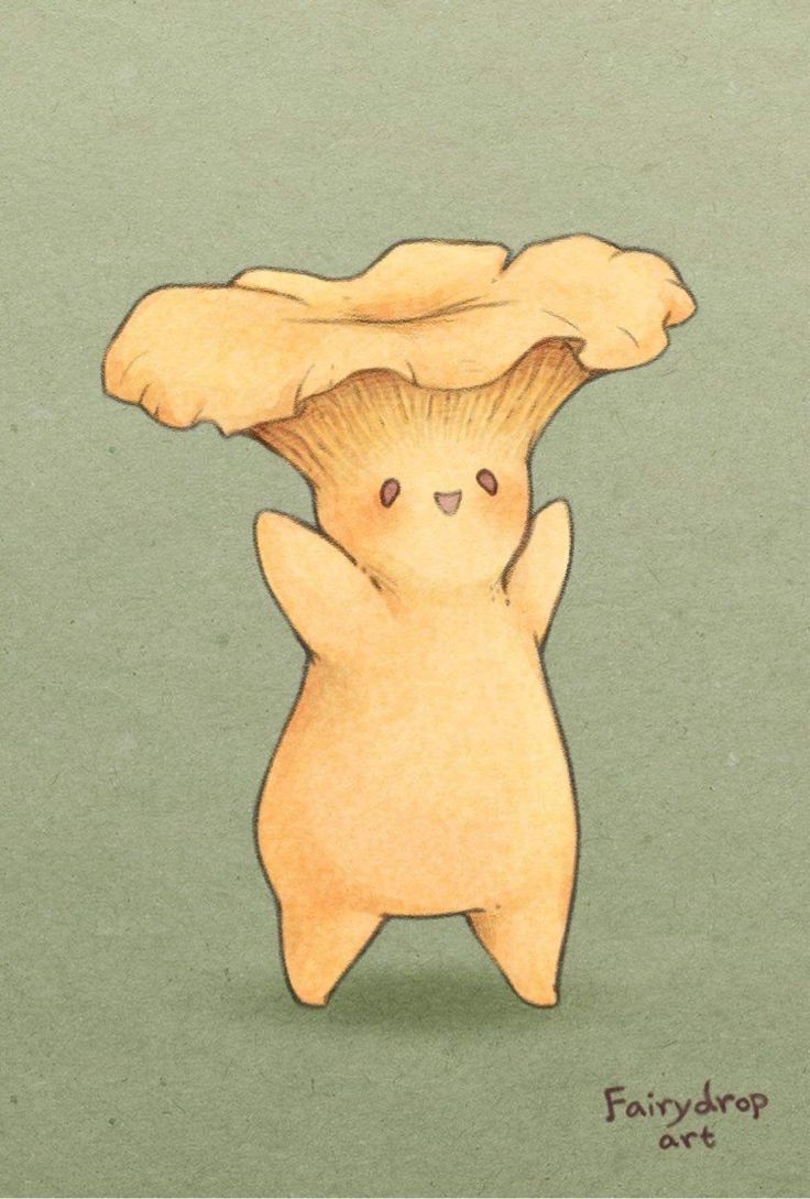 a drawing of a mushroom with its arms above it's head