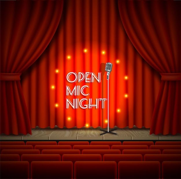 an open mic night sign on stage with red curtains and spotlights behind the curtain