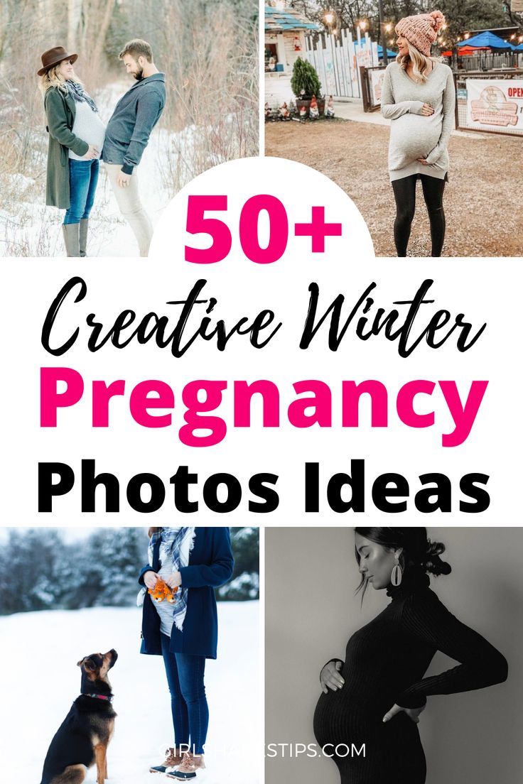 pregnant photos with text overlay that reads 50 creative winter pregancy photos ideas