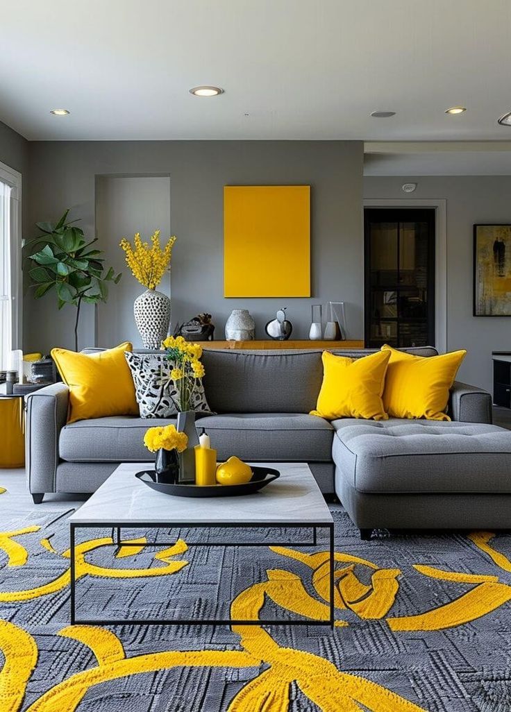 a living room filled with furniture and yellow accents