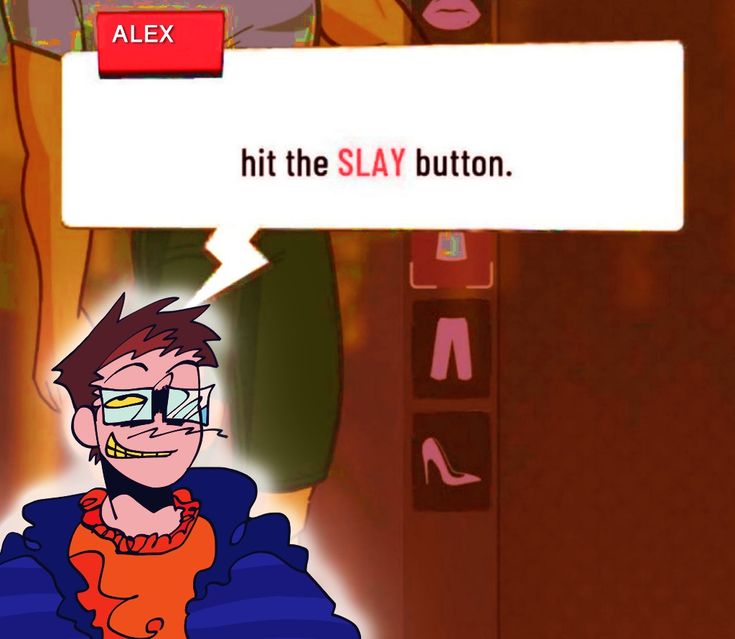 a cartoon character with a thought bubble above his head that says hit the slay button