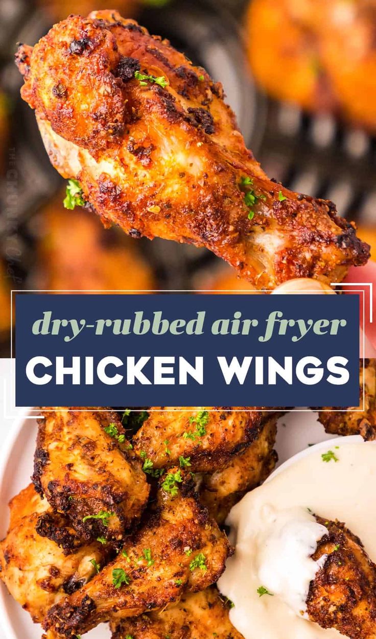 air fryer chicken wings on a plate with ranch dressing in the background and text overlay that reads dry - rubbed air fryer chicken wings