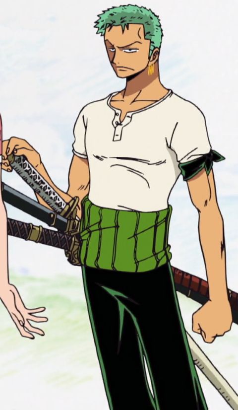 an anime character with green hair and black pants holding two skis in his hands