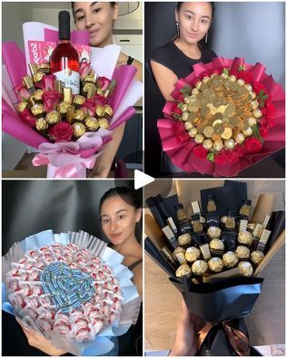 four pictures showing different types of flowers and chocolates in various stages of being presented