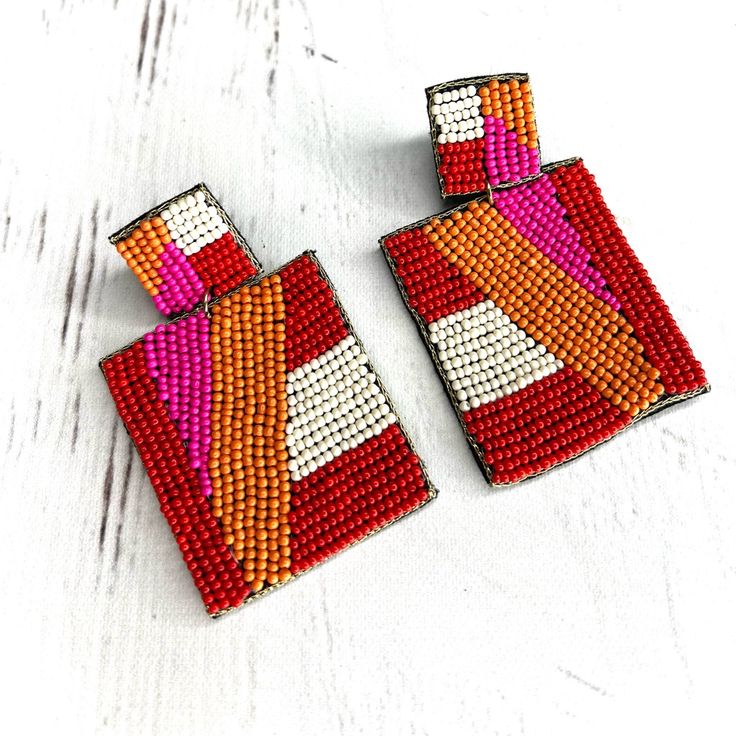 Caligirl Beach Earrings Lead And Nickel Free Shipped From The Sunshine State Of California Trendy Multicolor Earrings For Vacation, Multicolor Rectangular Earrings For Party, Multicolor Rectangular Jewelry For Summer, Red Beaded Earrings As Summer Gifts, Red Beaded Earrings For Summer, Trendy Red Beaded Earrings For Beach, Trendy Orange Beaded Earrings For Gift, Trendy Red Earrings For Vacation, Trendy Red Earrings For Summer