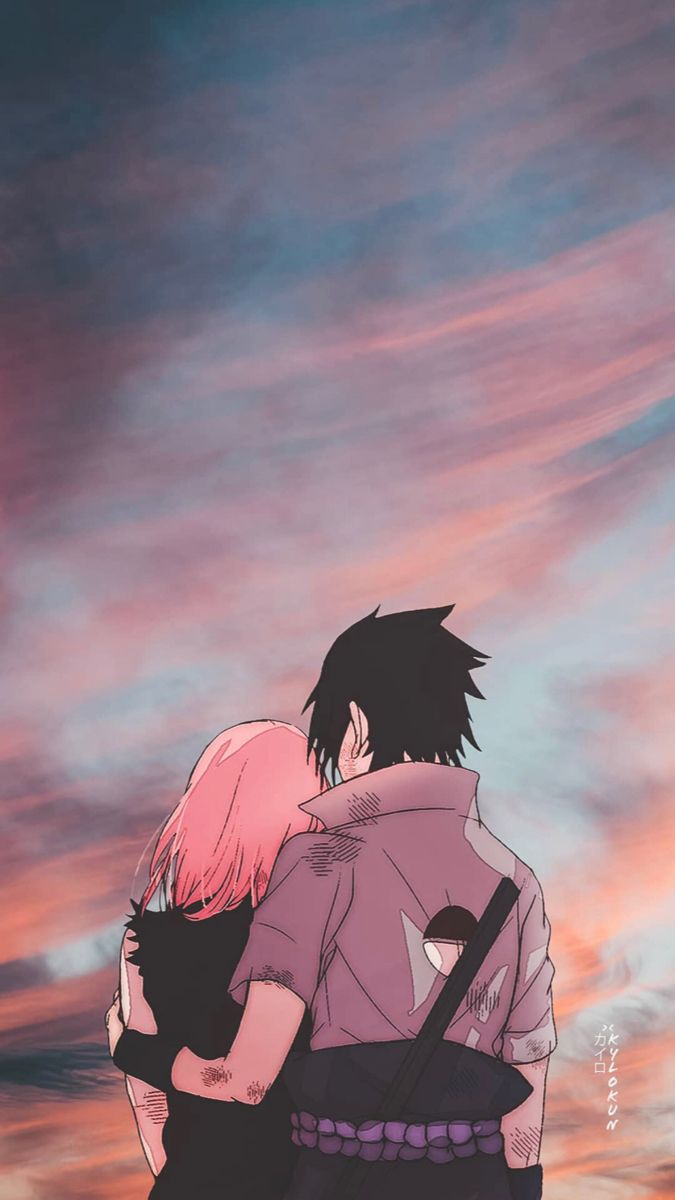 two people standing next to each other in front of a sky with pink and blue clouds