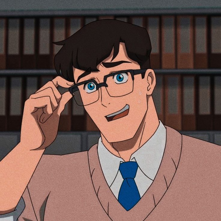 an animated man wearing glasses and a blue tie talking on the phone in front of bookshelves