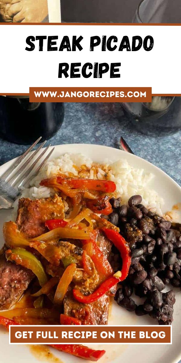 steak picadio recipe on a plate with rice and beans