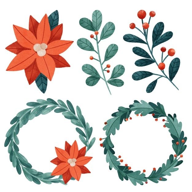 christmas wreaths and flowers are arranged on a white background