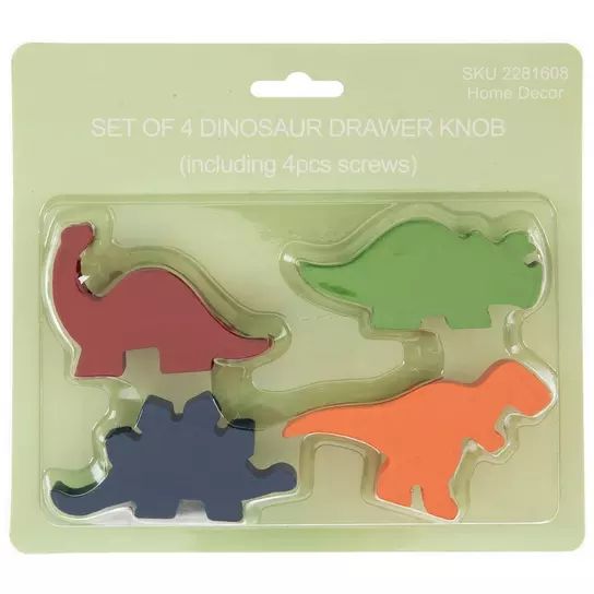 three dinosaur erasers in plastic packaging on a white background with the words set of 4 dinosaur drawer knobs